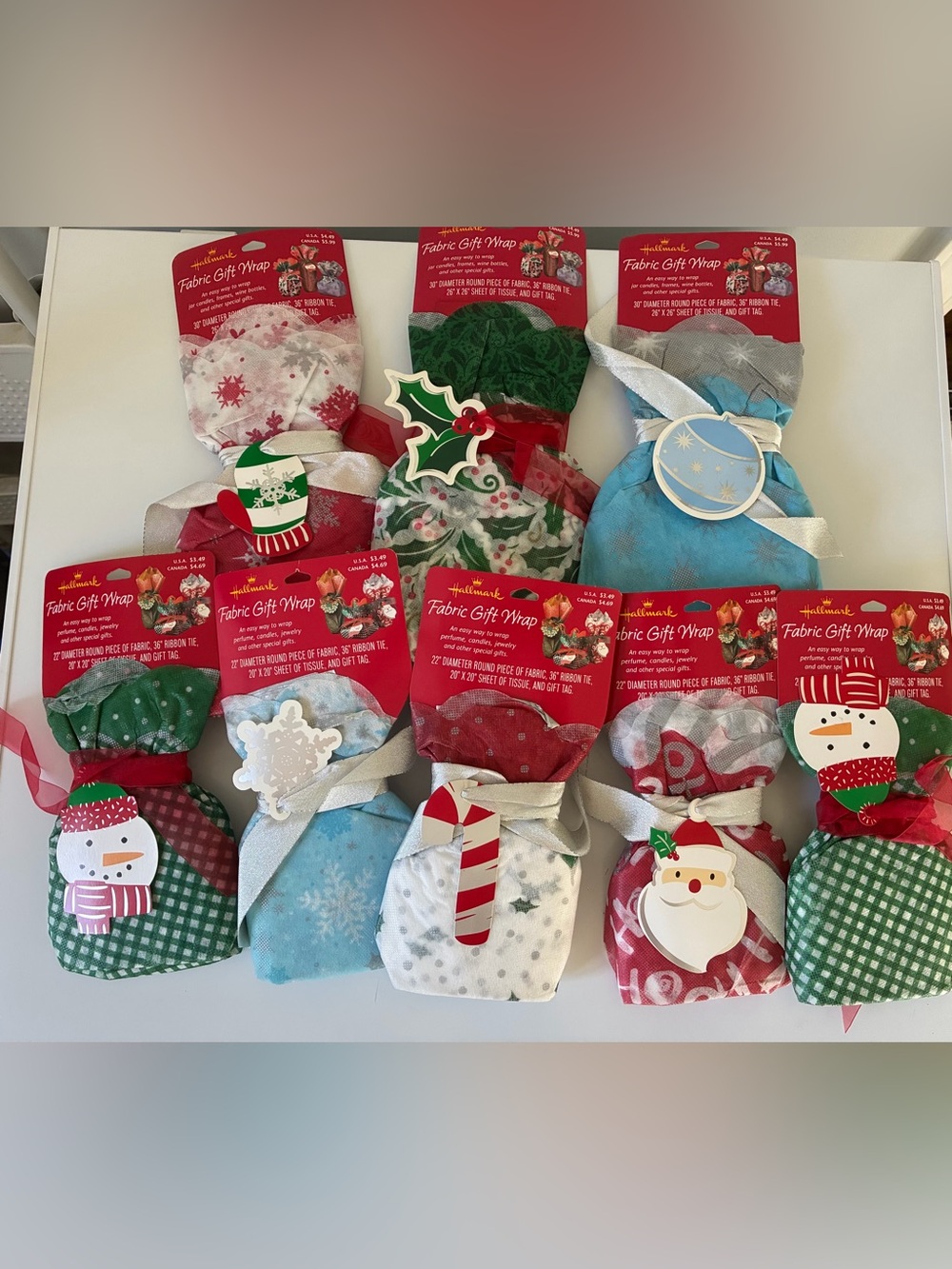NEW! 8 Hallmark Fabric Gift Wrap w/ Ribbon Tie, Tissue & Gift Tag Christmas